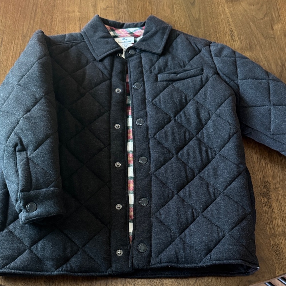 Tommy Bahama Kids Quilted Dark Gray Puffer Jacket with Plaid Trim